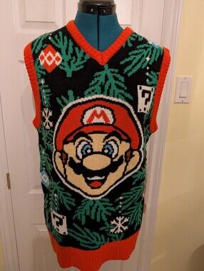 Men's Novelty V-Neck Mario Character Sweater Vest - Black/Red/Green